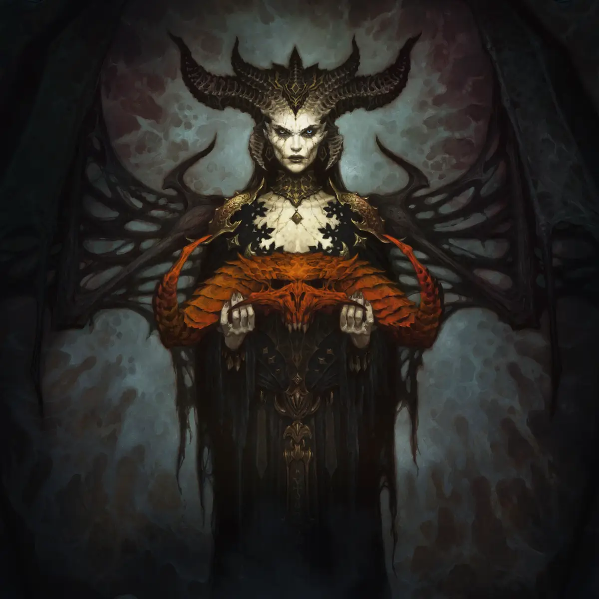 Diablo 4's Lilith holding Diablo's skull