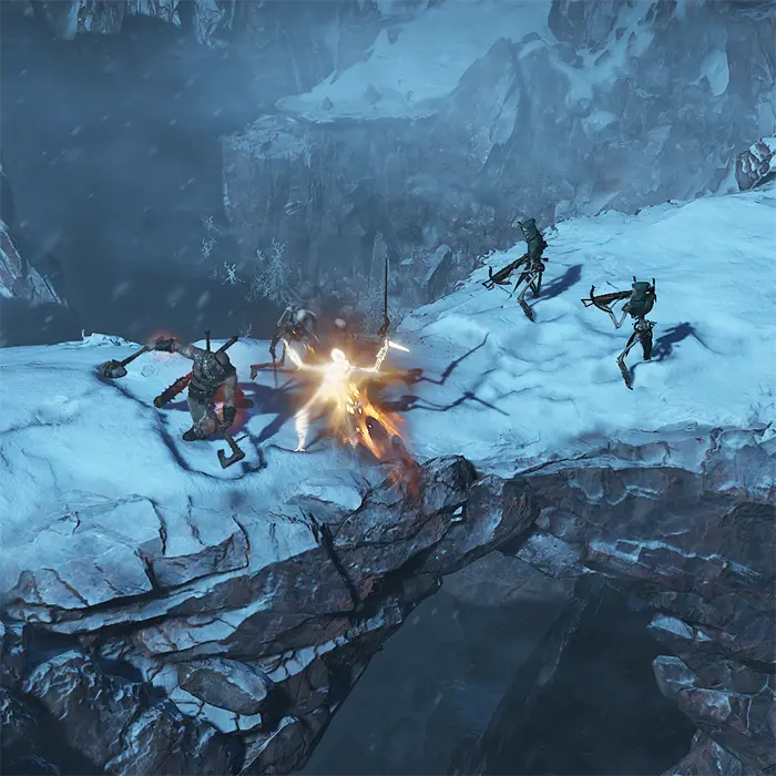 Diablo 4 Barbarian fighting a skeleton in Fractured Peaks