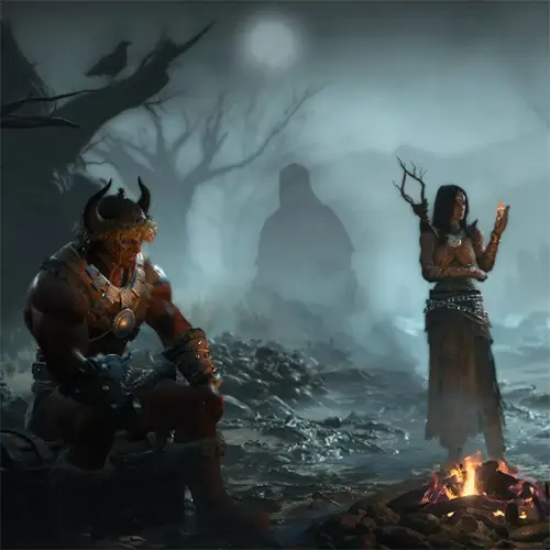 Diablo 4 class selection campfire scene with fifth class silhouette