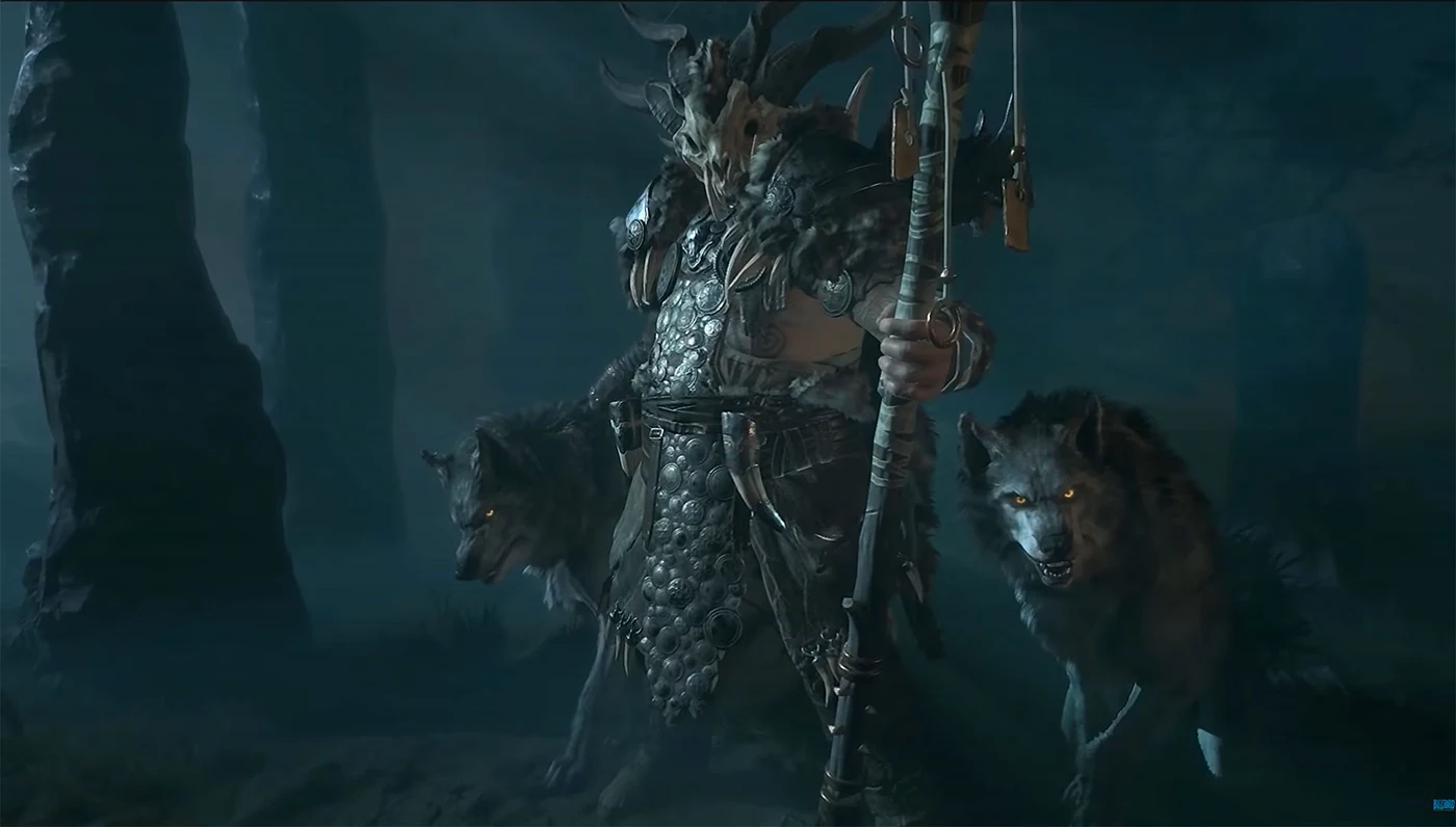 D4 Druid wearing skull helm with two wolf companions