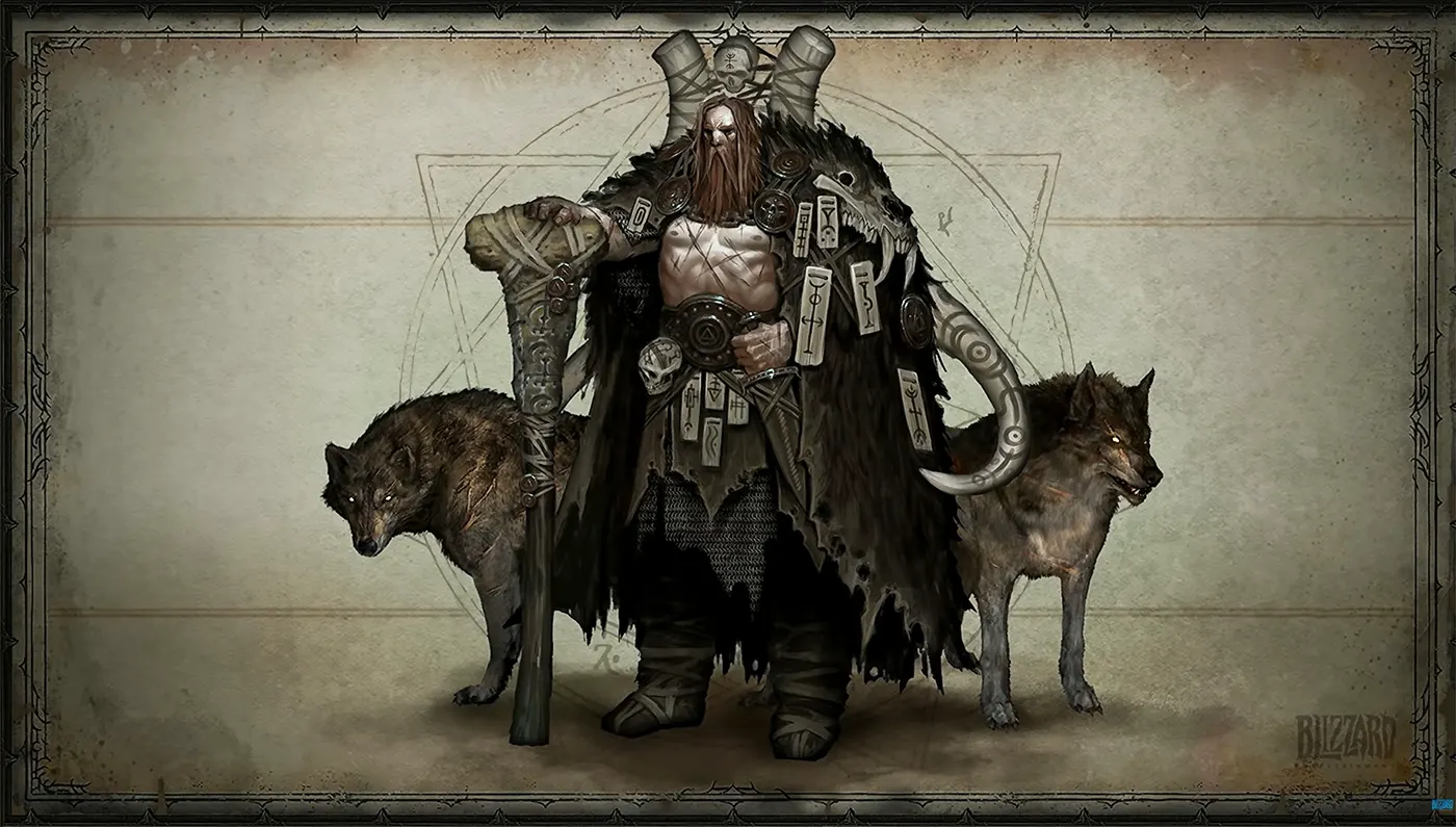 Druid artwork with two wolves in Diablo 4