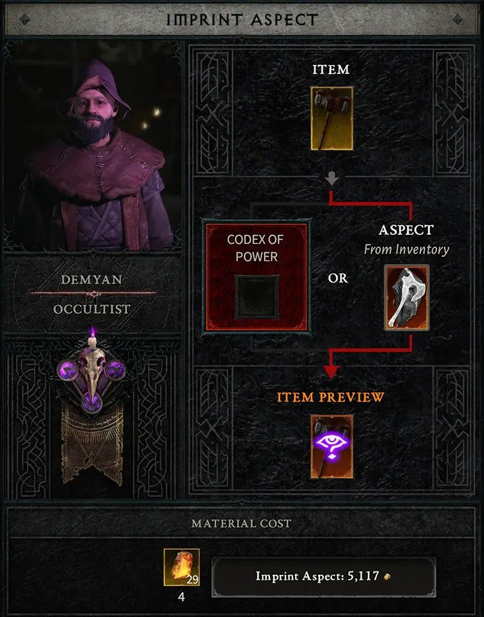 Occultist interface for imprinting a Diablo 4 Legendary Aspect