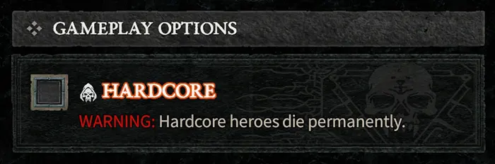 Checkbox to select Hardcore Mode in Diablo 4