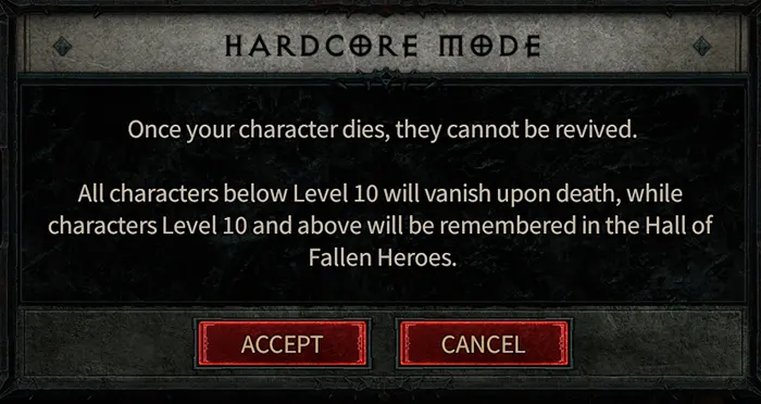 D4 Hardcore Mode warning prompt