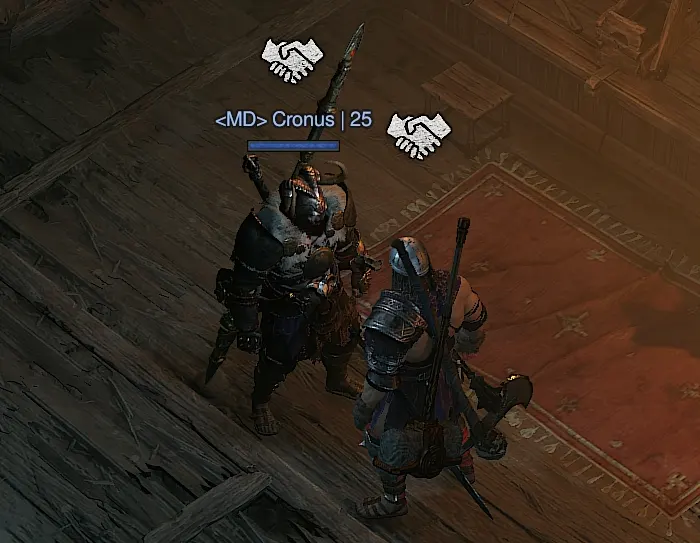 Handshake icon over two Diablo 4 players trading