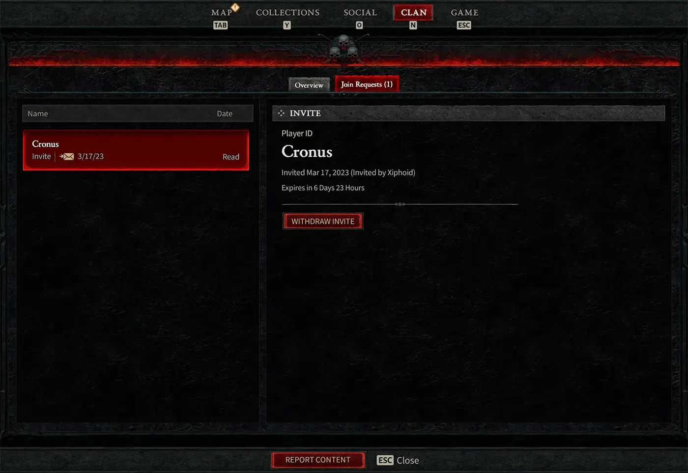 Diablo IV clan invite request screen