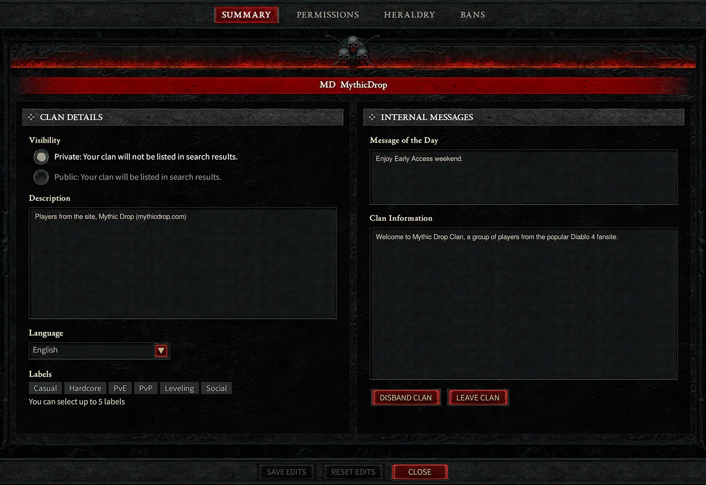 Diablo IV Clan management screen