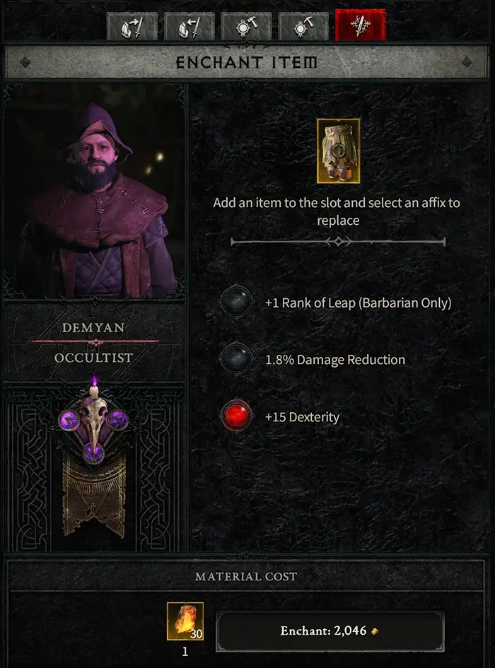 Diablo 4 Occultist Enchant Item UI