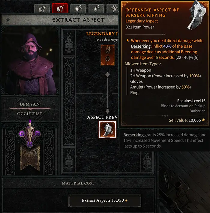 Diablo IV Occultist extract Legendary Aspect