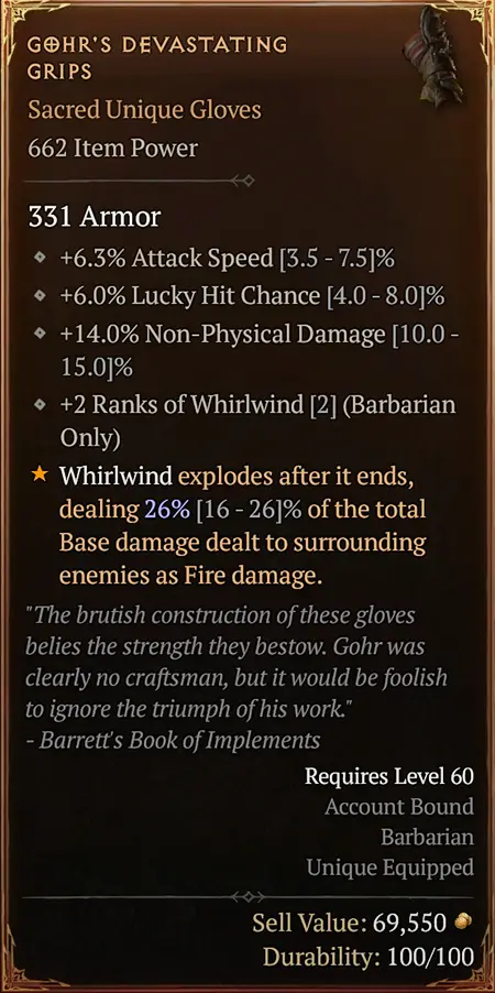 Diablo 4 Gohr's Devastating Grips stats · Unique Gloves · Mythic Drop